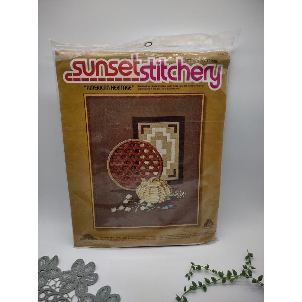 Sealed 1977 Sunset Stitchery American Heritage Baskets 16x20 Embroidery Kit 2287